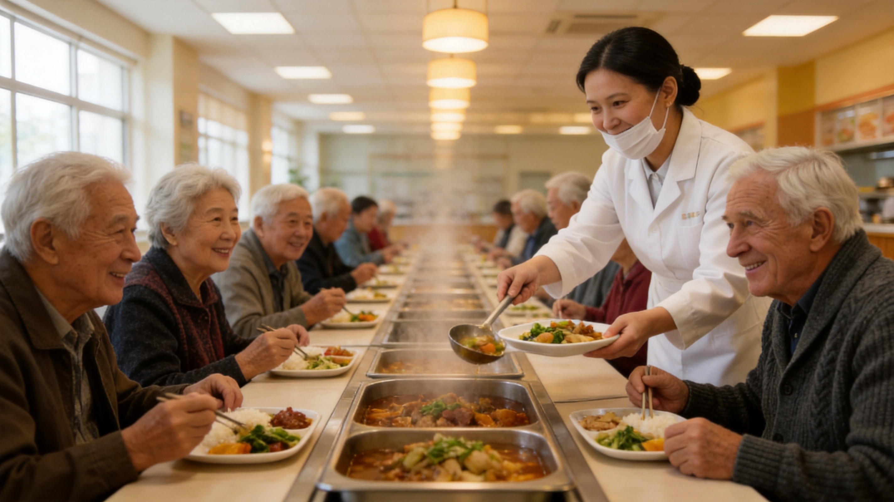 明亮温馨的社区长者食堂内,老人们围坐用餐,工作人员热情打餐