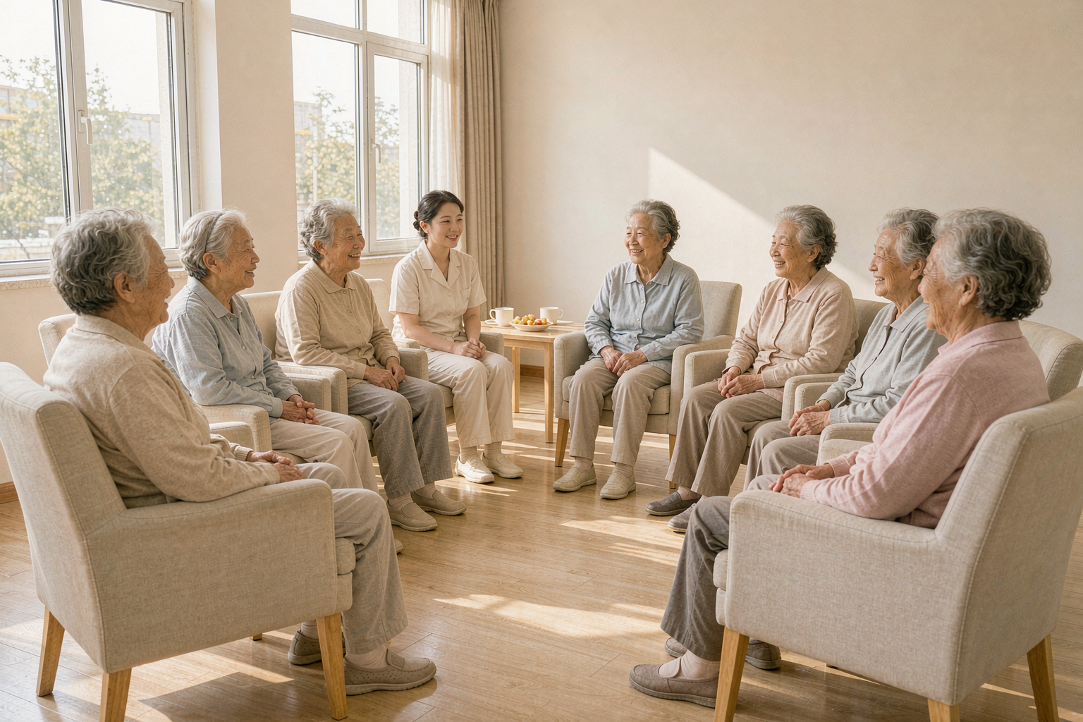 养老院活动室里老人围坐闲聊,护理员在旁照看,氛围安静温暖 养老院活动室里老人围坐闲聊,护理员在旁照看,氛围安静温暖