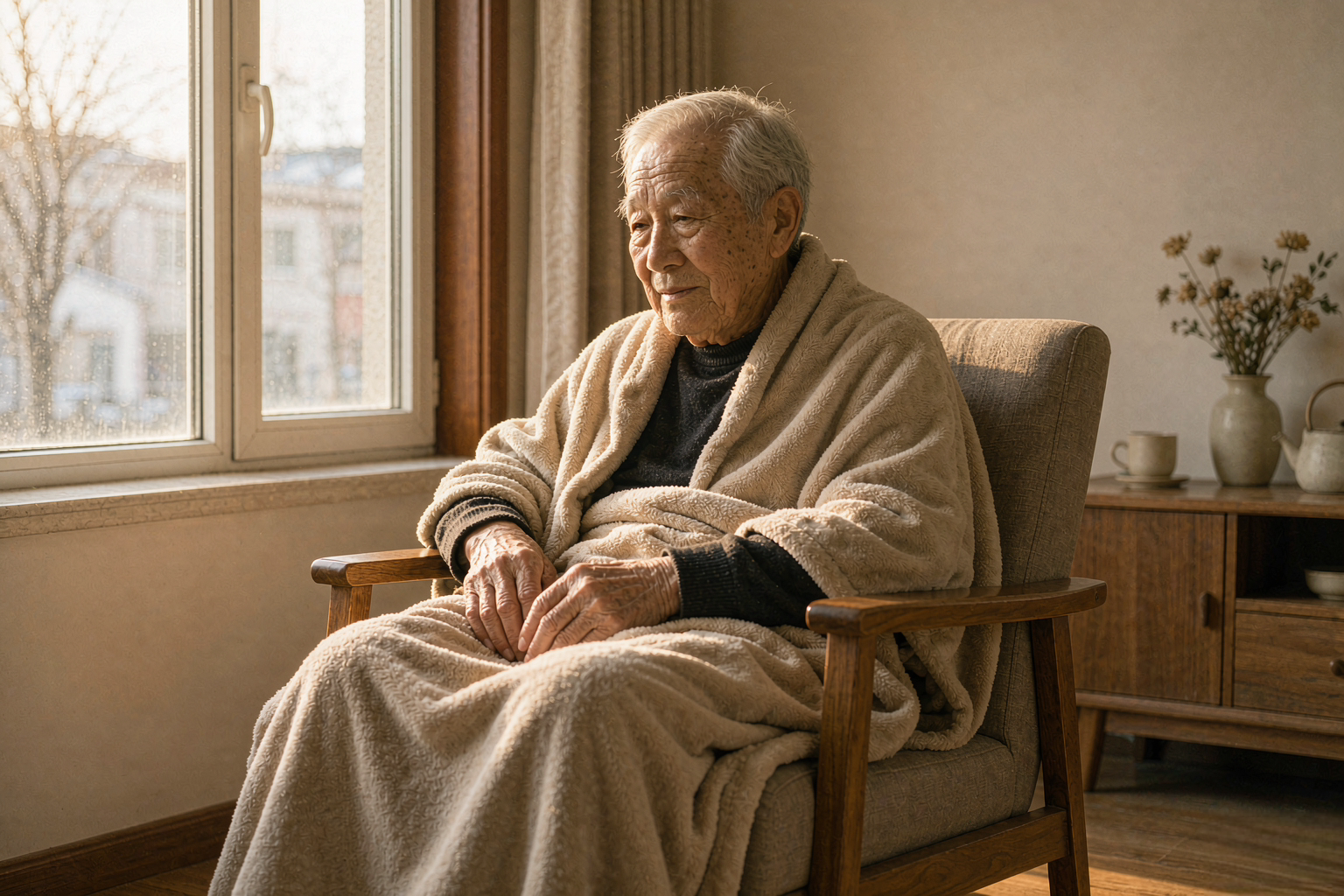 冬季慢阻肺老人居家养护 冬天老人在家中休息,盖着毯子坐在窗边温暖的沙发上
