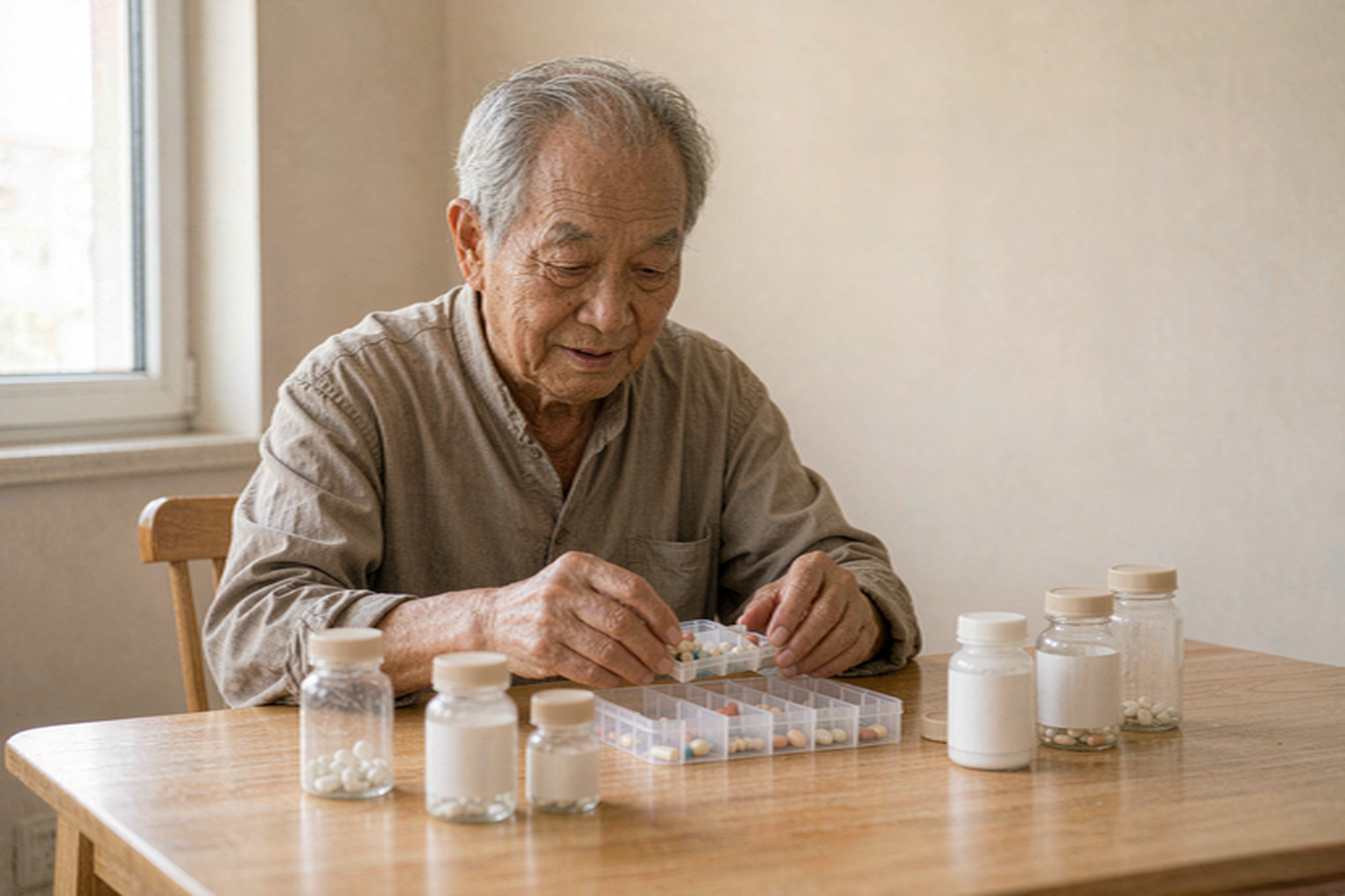 入冬前整理好日常药物 老人在家中桌前查看药盒,桌面整洁明亮