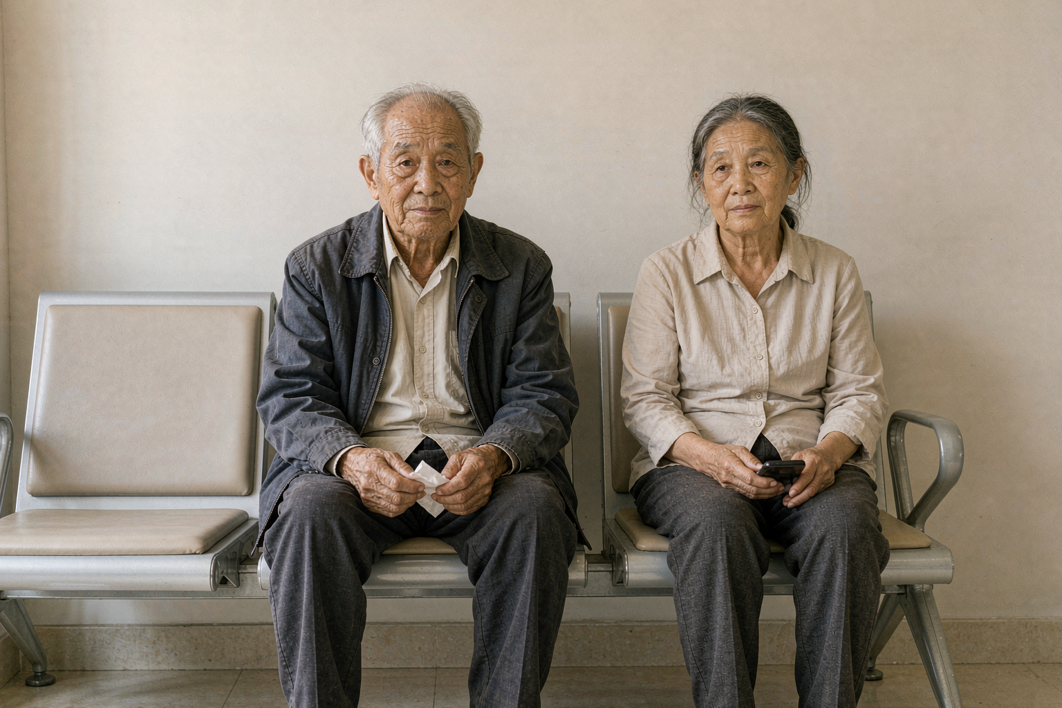 出现危险信号及时陪同就医 家属陪伴老人坐在医院候诊区等候就诊