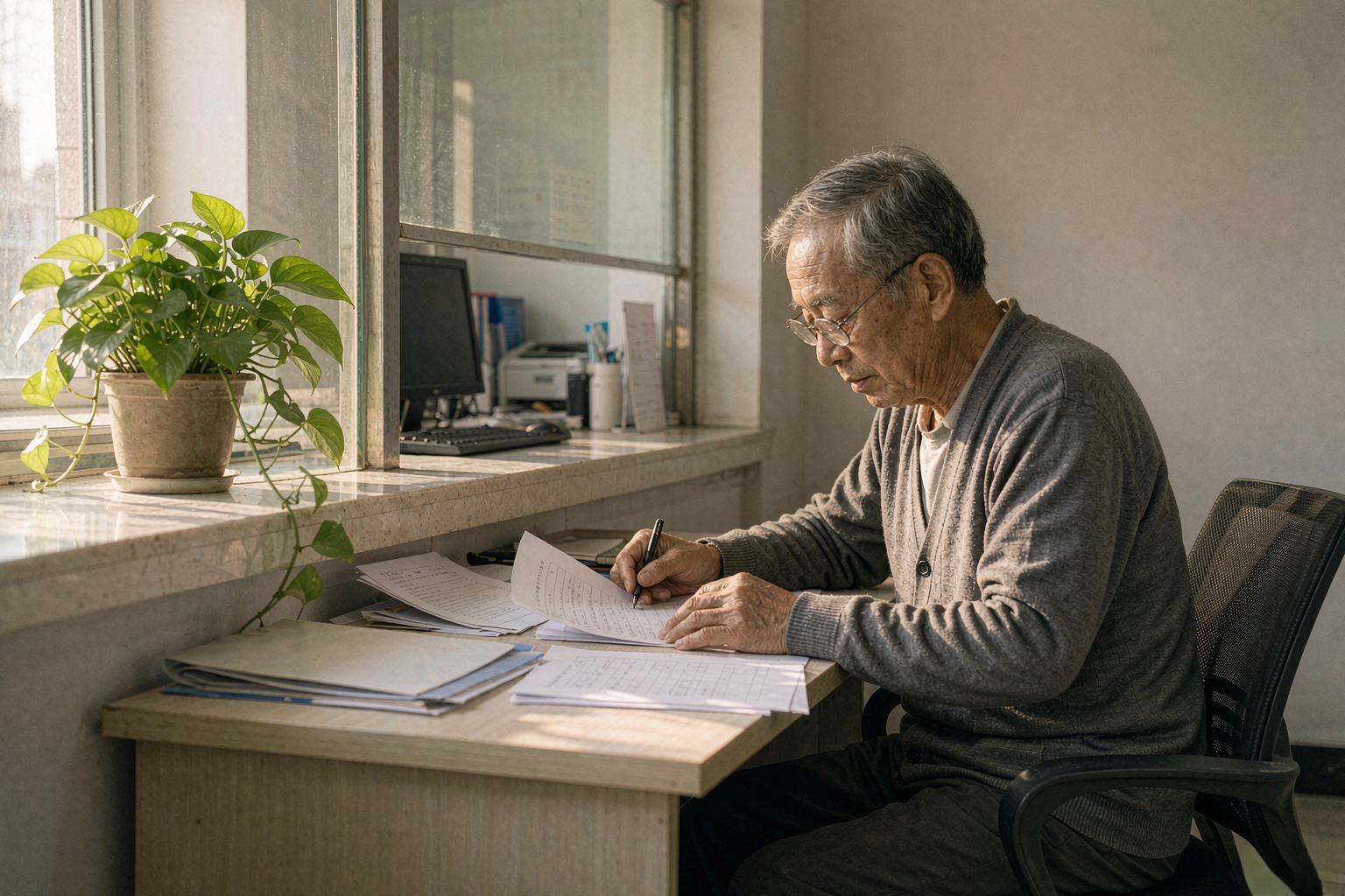 医保经办大厅窗口工作人员向来访市民讲解长护险报销范围材料