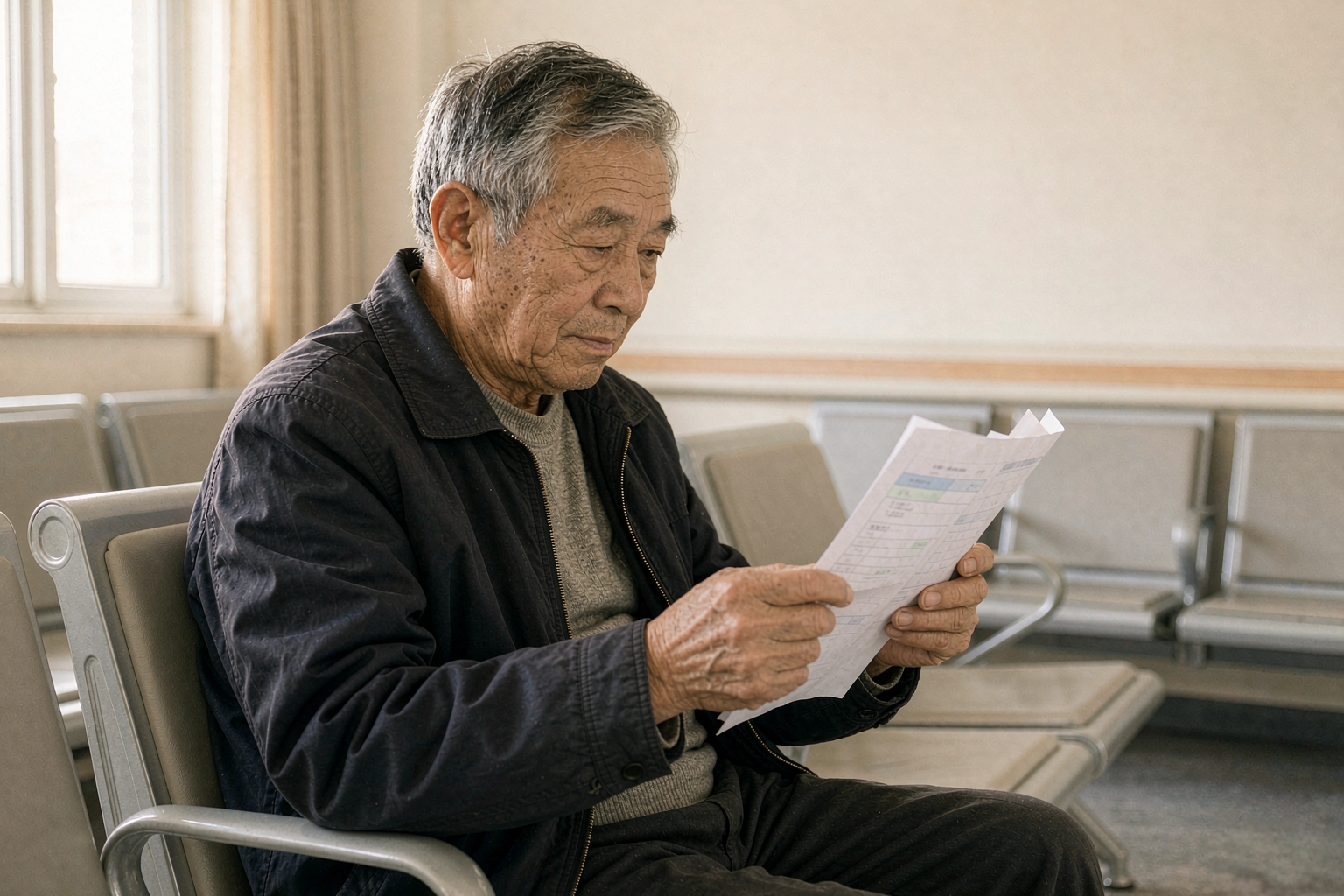 诊室里的一次获益评估 老人坐在消化内科诊室里,与对面就座的医生交流体检报告