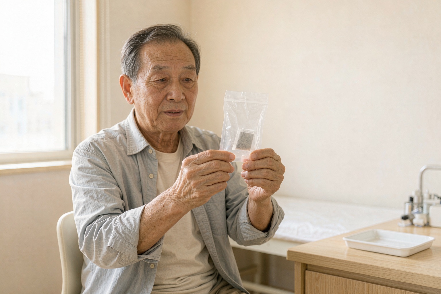 吹口气完成复查 老人在体检中心吹气试验室内对着采样管吹气,护士在一旁引导