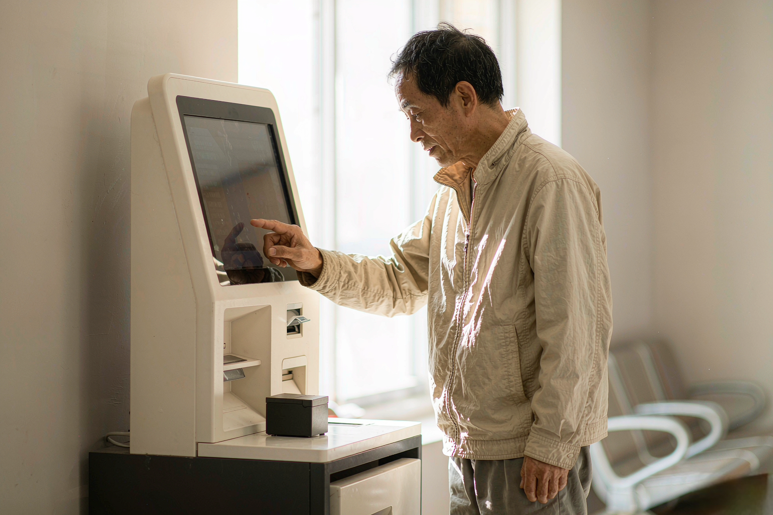 多数经办事项可以代办或线上办理 医保经办服务大厅自助服务终端前老人家属在查询办理