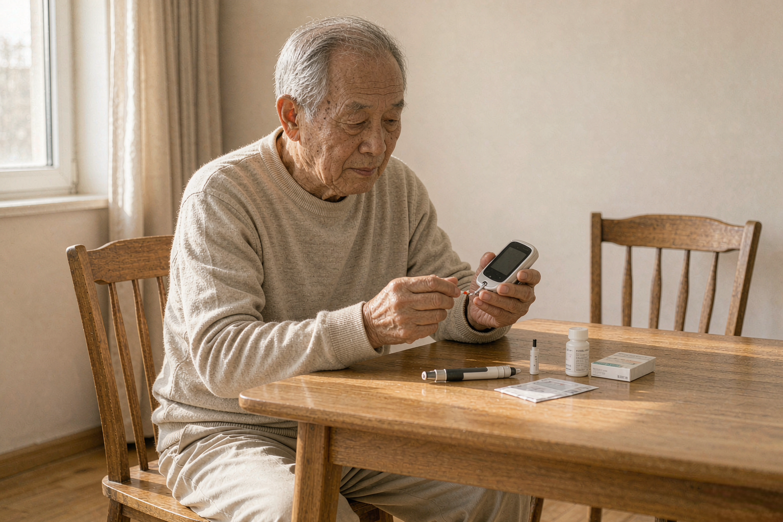 冬天清晨老人在家用血糖仪测血糖桌上放着素色水杯